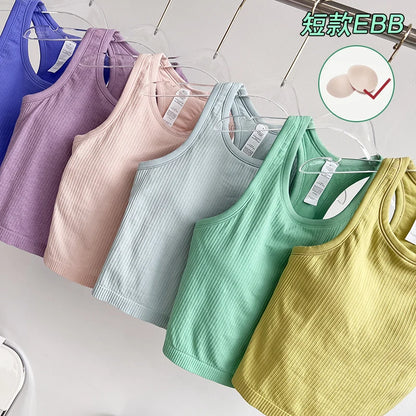 Camiseta Deportiva Sin Mangas de Canalé Sólido para Mujer, Chaleco de Yoga Suave en Forma de Y, Camiseta Transpirable de Secado Rápido para Correr, Cómoda y Extraíble en el Pecho
