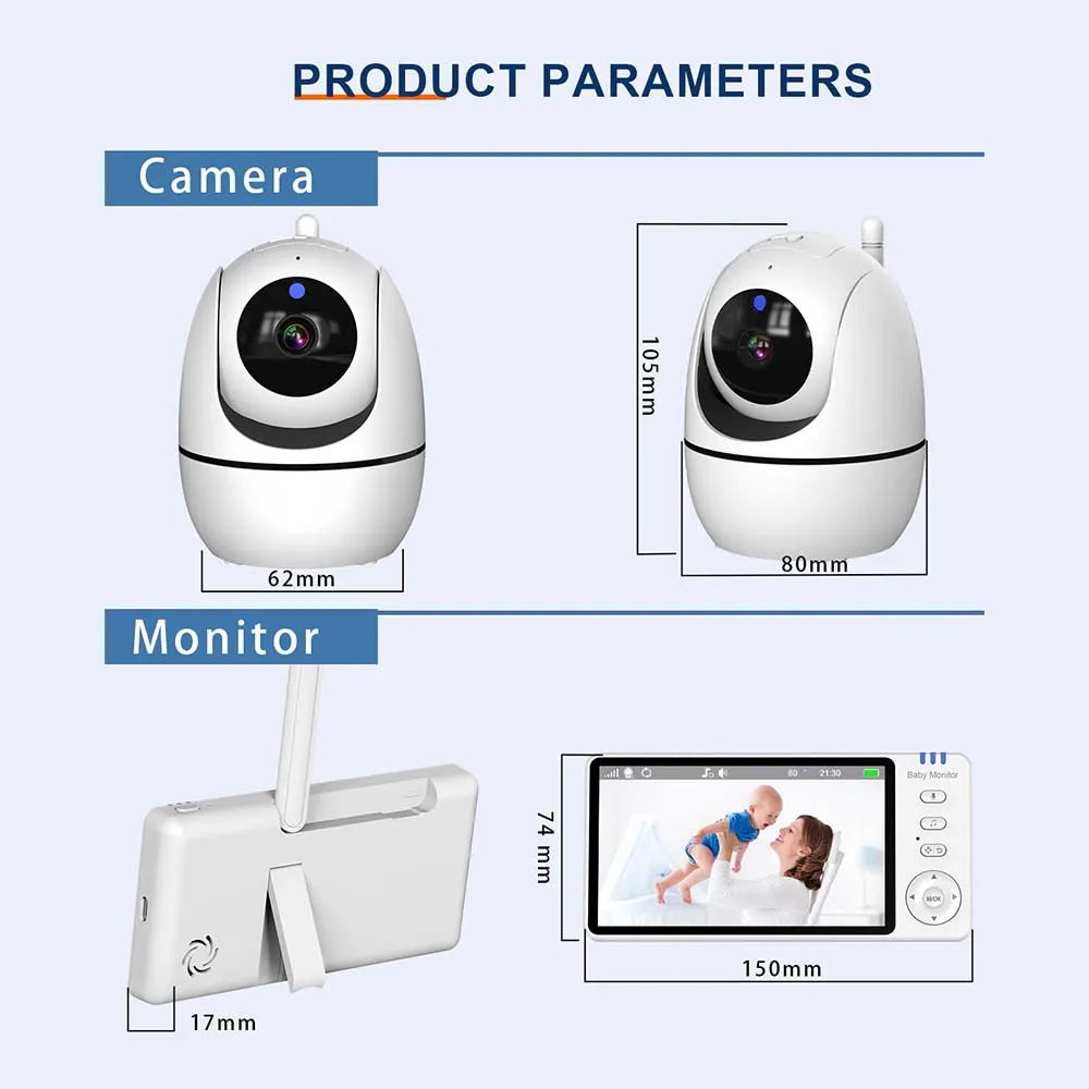 Monitor para Bebés 2 Pcs Cámara IP PTZ Inalámbrica Interior con Pantalla de 5 Pulgadas, Vigilancia de Video, Termómetro, Canciones de Cuna