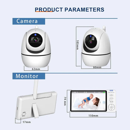 Monitor para Bebés 2 Pcs Cámara IP PTZ Inalámbrica Interior con Pantalla de 5 Pulgadas, Vigilancia de Video, Termómetro, Canciones de Cuna