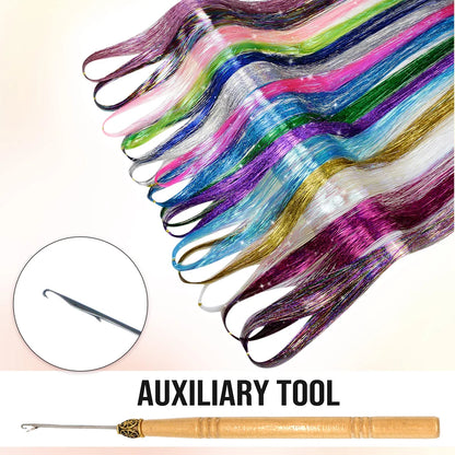 Kit de Tinsel Brillante para el Cabello - 16 Colores de Extensiones de Hilo Brillante, Accesorios Hippie para Mujeres