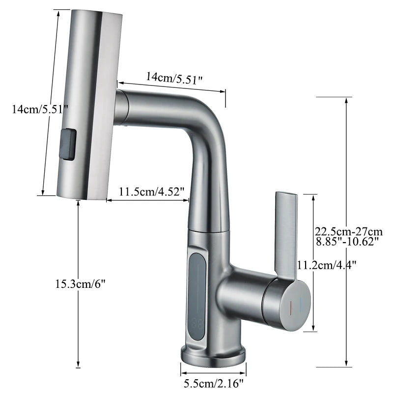 Grifo de Lavabo con Pantalla Digital de Temperatura | Mezclador de Agua Fría y Caliente | Caño Retráctil y Rocío 3 en 1