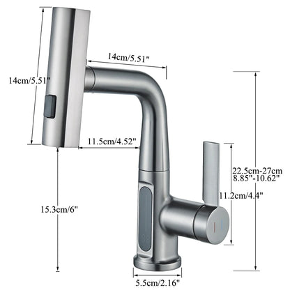 Grifo de Lavabo con Pantalla Digital de Temperatura | Mezclador de Agua Fría y Caliente | Caño Retráctil y Rocío 3 en 1