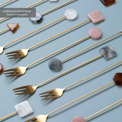 Tenedor Largo de Acero Inoxidable 304 - Accesorio de Cocina Geométrico para Galletas, Helado, Postre, Ensalada y Fruta