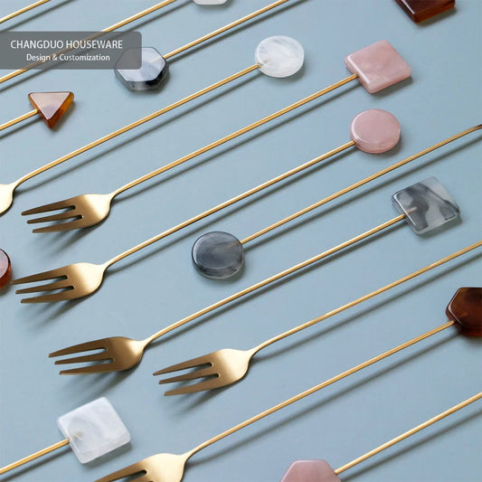 Tenedor Largo de Acero Inoxidable 304 - Accesorio de Cocina Geométrico para Galletas, Helado, Postre, Ensalada y Fruta