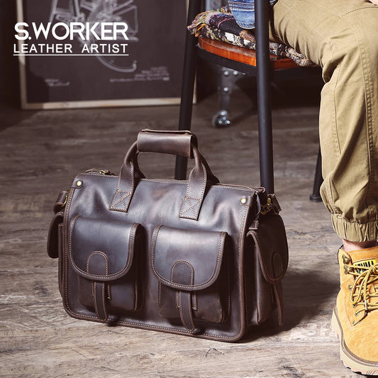S.WORKER Maletín Vintage de Cuero Genuino para Hombre 14" - Maletín de Laptop, Bolsa Mensajero de Cuero Crazy Horse, Regalo Ideal para Hombres