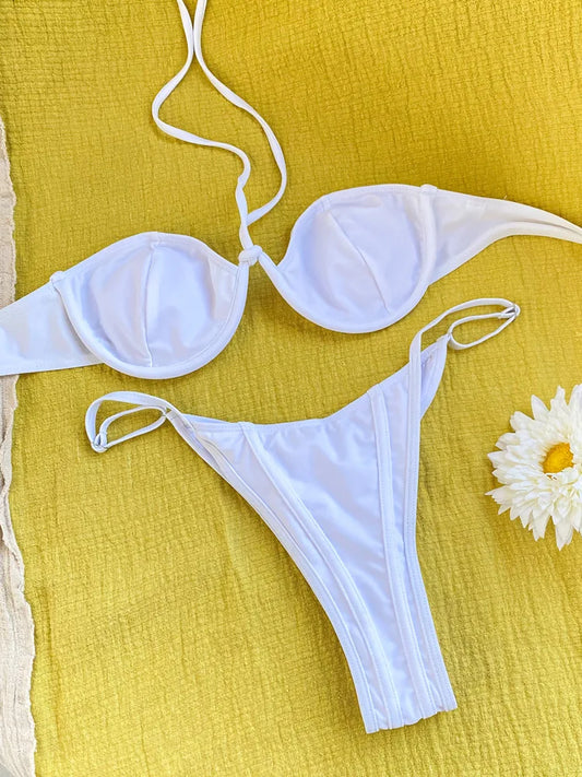 Bikini Push Up de Color Sólido para Mujeres - Traje de Baño Halter Sexy de Dos Piezas con Micro Thong