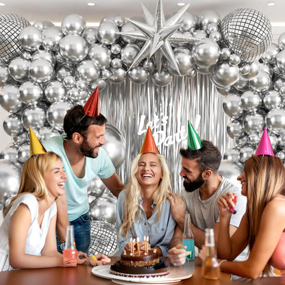 Juego de Anillos de Flores Arqueadas de Globo Plateado de Discoteca - Decoración con Fondo de Borla Metálica para Fiestas de Cumpleaños 2024