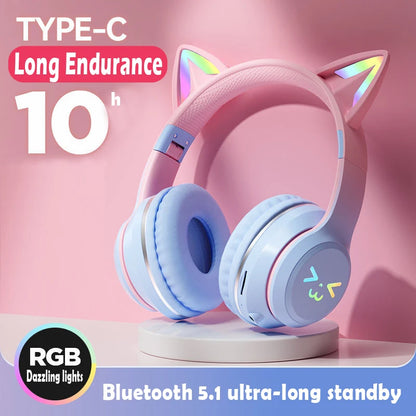 Auriculares TWS con Orejas de Gato - Cascos con Luz RGB, Diseño de Cara Sonriente, Gradiente Color Rosa, Compatible con Todos los Teléfonos