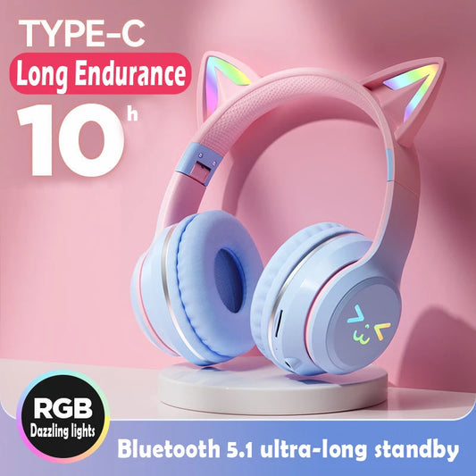 Auriculares TWS con Orejas de Gato - Cascos con Luz RGB, Diseño de Cara Sonriente, Gradiente Color Rosa, Compatible con Todos los Teléfonos
