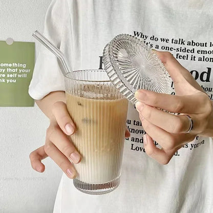 Vaso de Vidrio con Tapa y Popote 375ml | Diseño Japonés Elegante | Tazas para Café, Té, Leche o Whisky | Regalo Perfecto