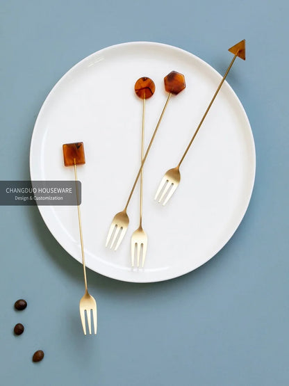 Tenedor Largo de Acero Inoxidable 304 - Accesorio de Cocina Geométrico para Galletas, Helado, Postre, Ensalada y Fruta