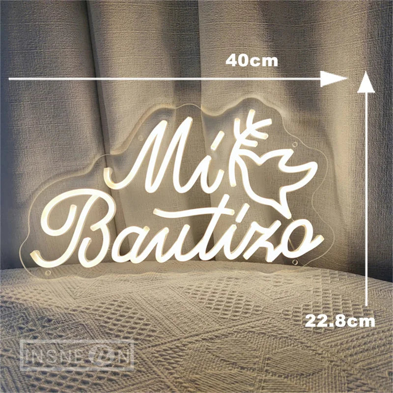 Mi Bautizo Letrero de Neón LED con Montaje Fácil, Alimentado por USB, Decoración para Pared, Fiestas y Hogar
