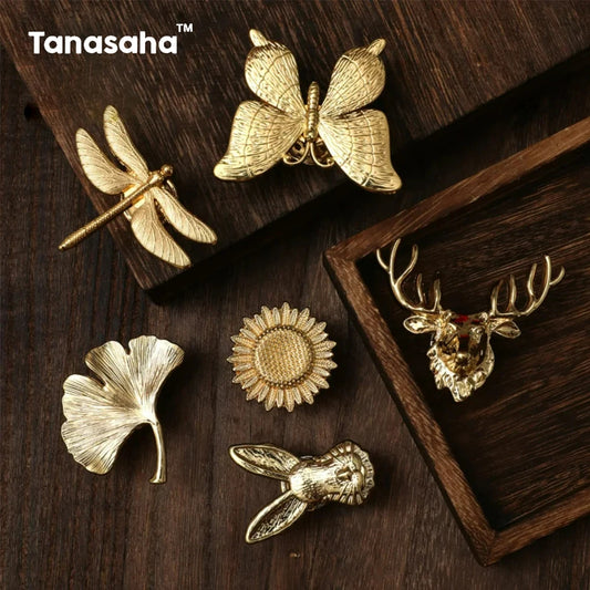 Pomo Dorado de Armario con Diseño de Animal Vegetal | Tiradores Elegantes para Muebles y Cajones
