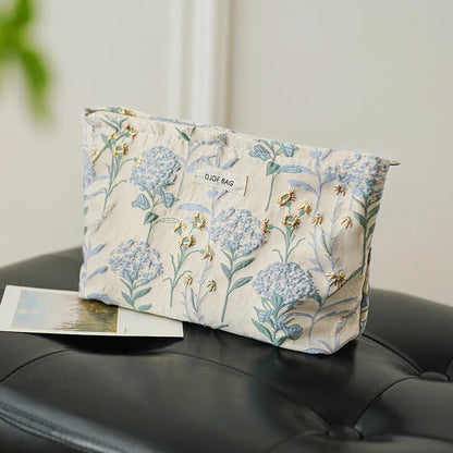 Bolsa de Maquillaje para Mujer - Diseño Floral Azul - Gran Capacidad y Versatilidad
