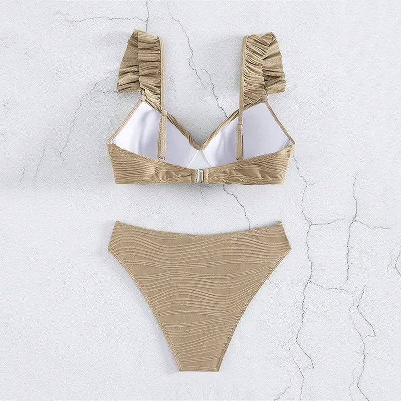 Bikini de Cintura Alta, Conjunto de Traje de Baño Rizado para Mujer