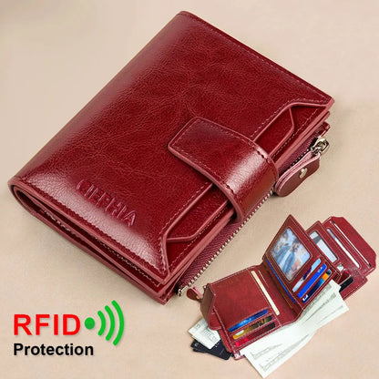 Fahion Women Genuine Leather Wallet RFID Blocking Short Multi Function Large Capacity Zipper Coin Purse Money Clip