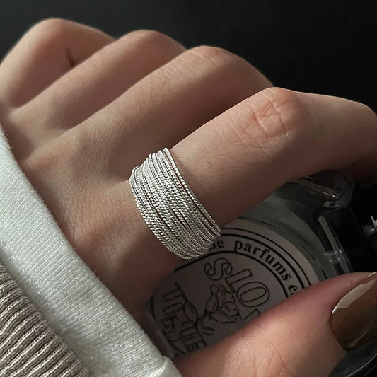 Anillo Ajustable de Líneas Únicas en Plata de Ley 925 - Joyería Vintage para Mujeres, Regalo de Cumpleaños y Moda para Fiestas