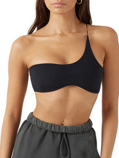 Top de Mujer con Un Solo Hombro | Crop Top Sin Mangas Slim, Color Negro, Estilo Verano