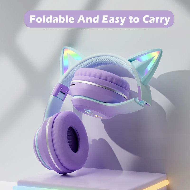Auriculares TWS con Orejas de Gato - Cascos con Luz RGB, Diseño de Cara Sonriente, Gradiente Color Rosa, Compatible con Todos los Teléfonos