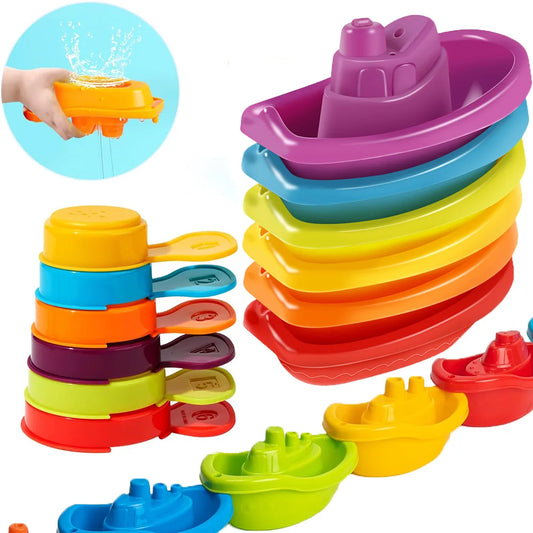 Juguetes de Baño para Bebés - Barquito Apilable con Cucharas, Juguete Educativo de Colores Arcoíris, Regalo de Inteligencia Temprana para Niños