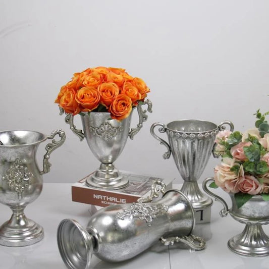Maceta Clásica de Hierro Fundido para Boda – Jarrón Decorativo para Flores Secas, Adorno para el Hogar y Hotel, Vajilla Plateada