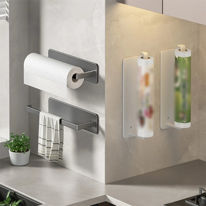 Estante de Pañuelos de Cocina sin Perforaciones | Estante de Armario con Bolsa de Película Transparente y Almacenamiento de Tela Montado en la Pared