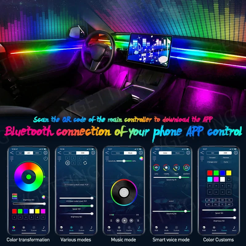 Luz Ambiental de Coche 22 en 1, RGB 64 Colores, Tira LED Interior Oculta, Lámpara de Atmósfera Sinfónica