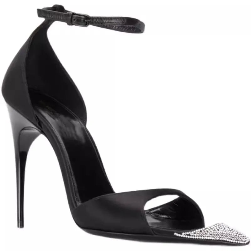 Zapatos Romanos de Verano con Punta y Rhinestones - Tacón Fino y Peep-Toe en Satén Negro