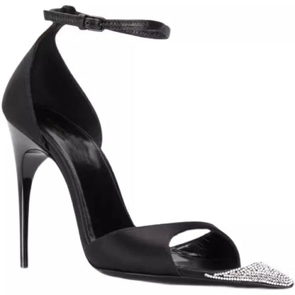 Zapatos Romanos de Verano con Punta y Rhinestones - Tacón Fino y Peep-Toe en Satén Negro