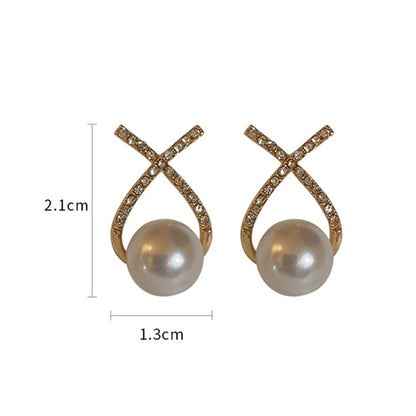 Elegantes Aretes de Perlas Simuladas para Mujer con Incrustaciones de Diamantes - Pendientes de Estilo Letra X para Fiesta y Boda 2023