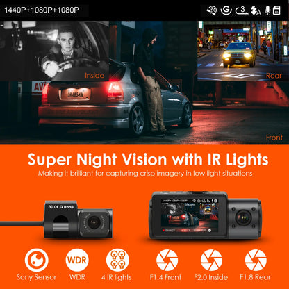 Cámara Vantrue N4 para Autos con Triple Cámara 4K - Visión Nocturna IR, Modo Estacionamiento 24h, Soporte hasta 256GB