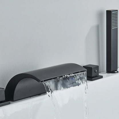 Grifo de Baño de Cascada en Latón Negro - Mezclador Widespread con Tres Manijas para Agua Caliente y Fría