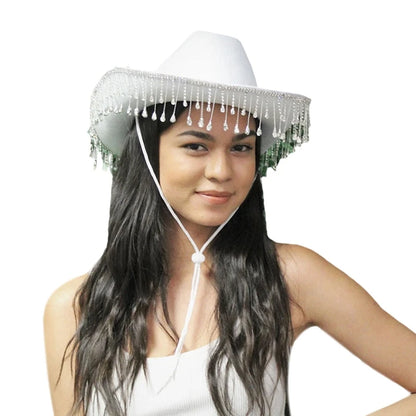 Sombrero de Ala Ancha con Borlas de Diamantes de Imitación para Mujer – Gorro Transpirable para Playa y Festivales