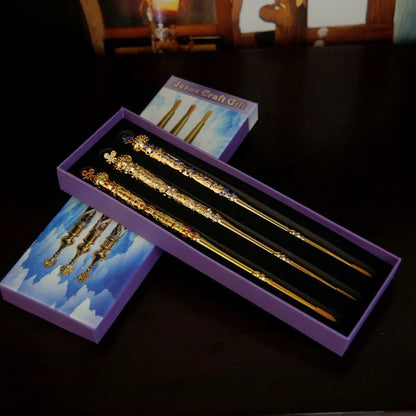 Set de 3 Plumas Estilográficas de Oración Ortodoxa - Artículos Ceremoniales de la Iglesia Ortodoxa, Diseño de Planta Dorada, Metal Duradero