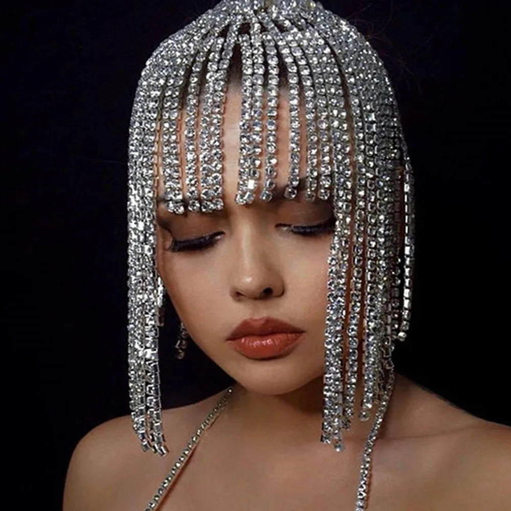 Cadena de Pelo con Borla Larga para Mujer, Diadema de Cristal con Diamantes de Imitación, Tocado Nupcial y Accesorios para Club Nocturno