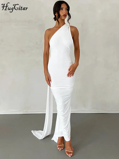 Vestido Maxi de Un Hombro y Espalda Descubierta – Ajustable con Bufanda y Detalle Ruchado – Elegante y Sexy, Moda