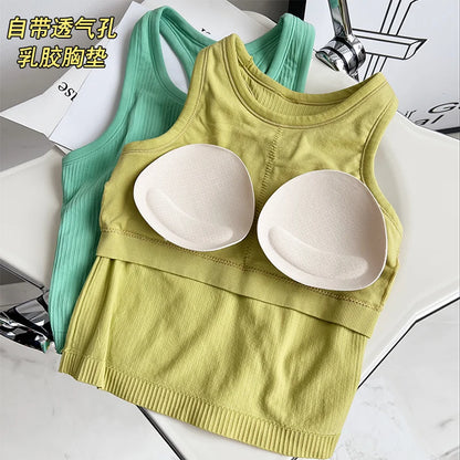 Camiseta Deportiva Sin Mangas de Canalé Sólido para Mujer, Chaleco de Yoga Suave en Forma de Y, Camiseta Transpirable de Secado Rápido para Correr, Cómoda y Extraíble en el Pecho