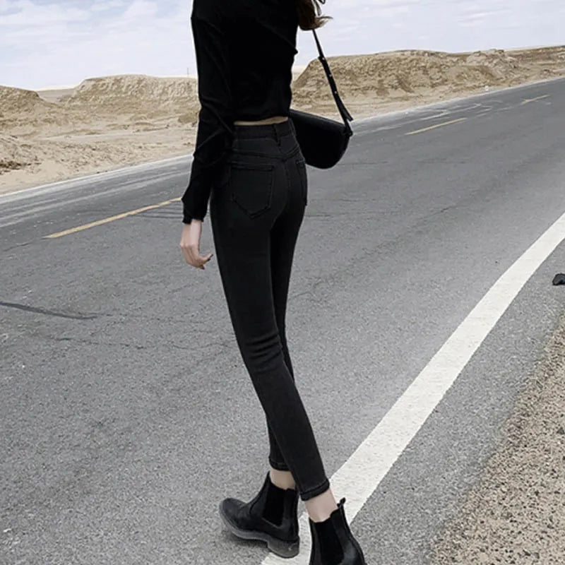 Pantalones vaqueros cálidos de invierno para mujer, vaqueros gruesos elásticos, informales, 2023
