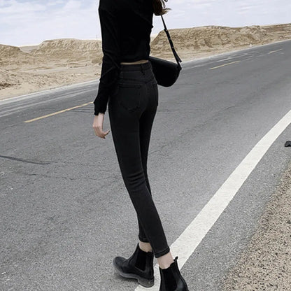 Pantalones vaqueros cálidos de invierno para mujer, vaqueros gruesos elásticos, informales, 2023