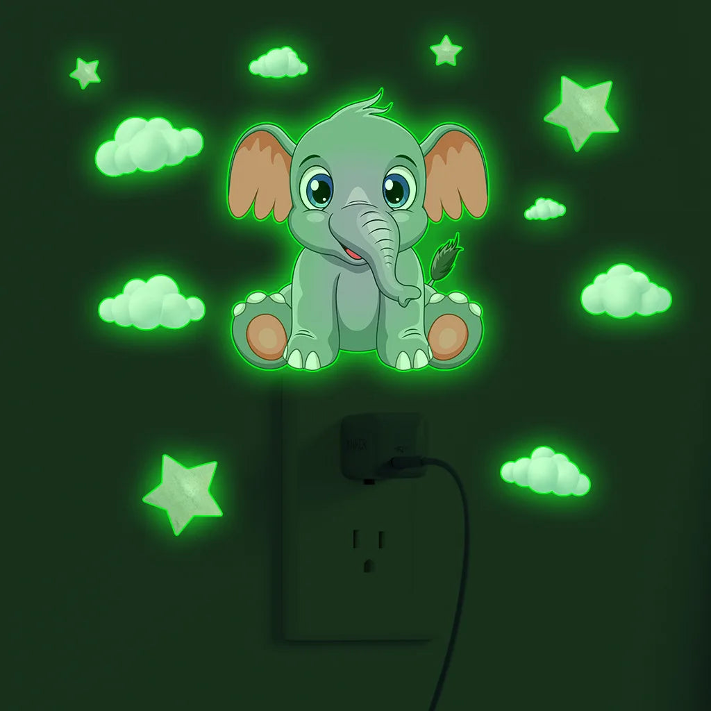 Pegatinas Luminosas de Pared con Forma de Nube y Pequeño Elefante para Decoración de Habitación de Bebés y Niños, Decoración del Hogar, Calcomanía Combinada que Brilla en la Oscuridad
