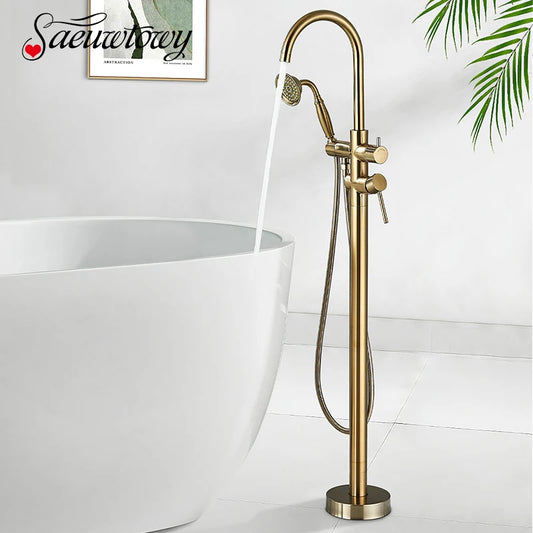 Grifo de Ducha de Piso en Oro Cepillado para Bañera | Mezclador de Agua Fría y Caliente con Manija Única