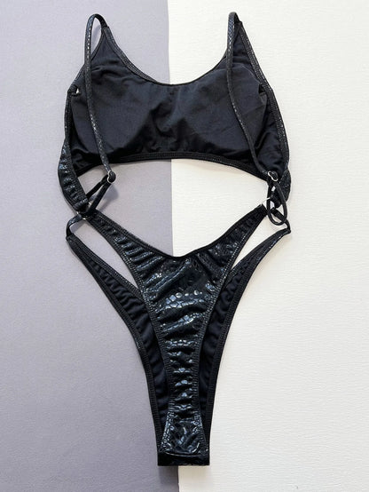 Bañador de Una Pieza para Mujer con Estampado de Serpiente Negro y Efecto Metálico - Traje de Baño Hollow Espalda Descubierta