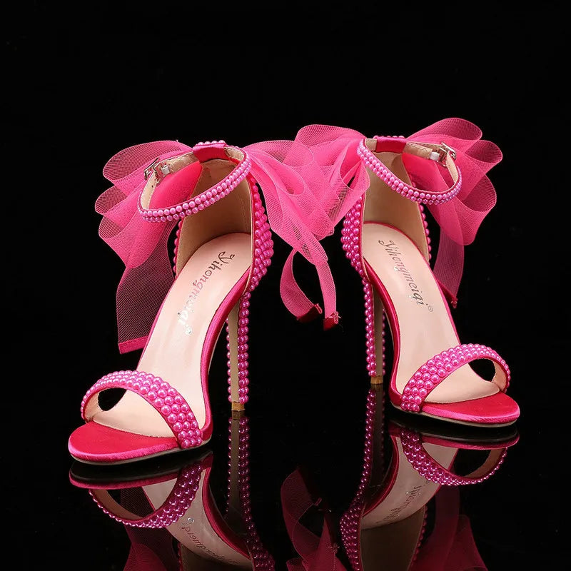 Sandalias de Tacón Alto  - Elegantes con Punta Abierta, Adornos de Rhinestones y Perlas para Novias
