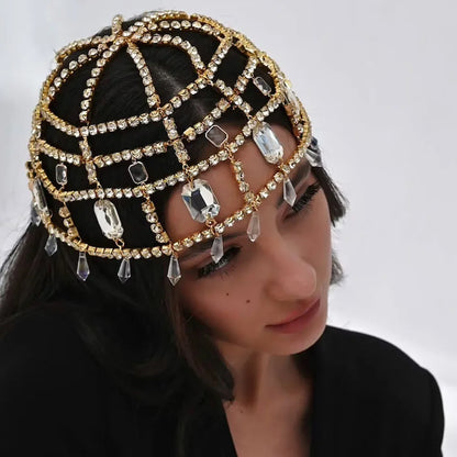 Sombrero de Cristal con Flecos, Tiara de Lujo, Cadena para el Cabello y Accesorios de Boda con Diamantes de Imitación