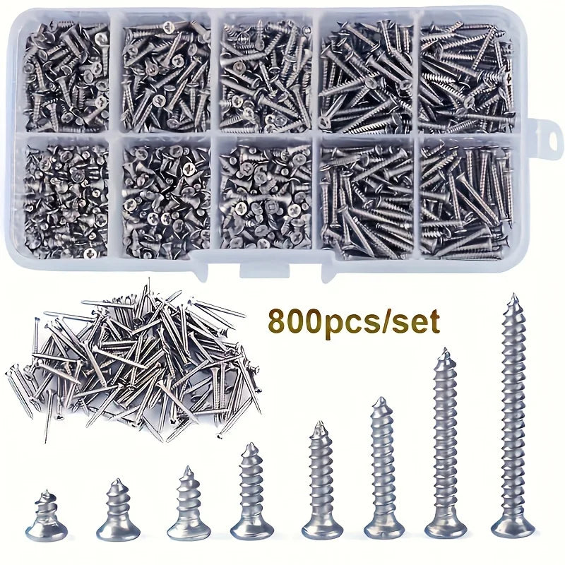 Set de Tornillos Autoperforantes de Madera de 400/800 Piezas - Tornillos Phillips de Cabeza Plana con Tuercas de Bloqueo