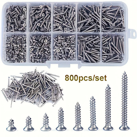 Set de Tornillos Autoperforantes de Madera de 400/800 Piezas - Tornillos Phillips de Cabeza Plana con Tuercas de Bloqueo