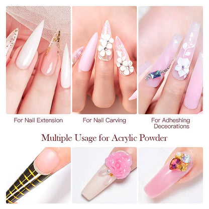Kit de polvo de cristal para uñas, juego de líquido acrílico con pincel para uñas, rosa y blanco, juego profesional para tallado de extensiones de uñas