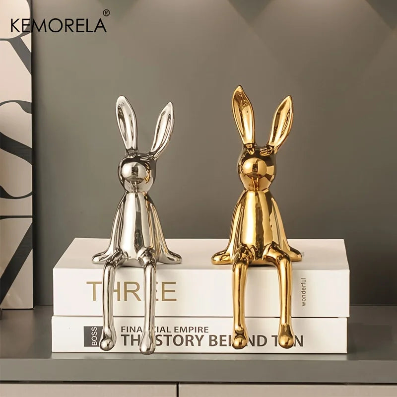 Figura de Conejo de Cerámica con Orejas Largas - Decoración de Lujo para Hogar en Estilo Clásico y Posmoderno
