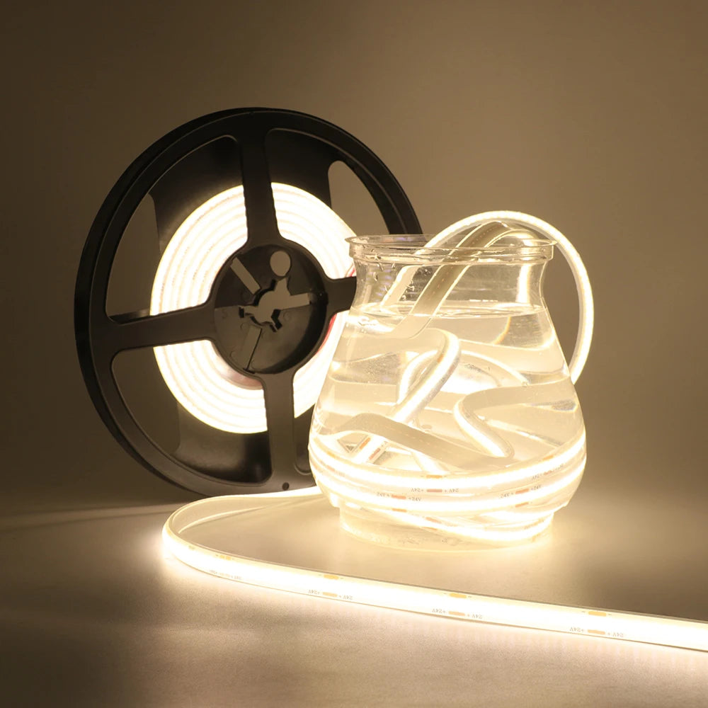 Tira de luces LED COB impermeable IP68, 12V, 24V, 320LED/m, cinta Flexible FOB para iluminación exterior de Sauna, piscina