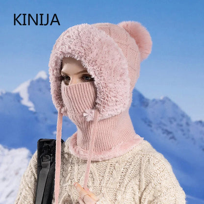 Pasamontañas de Lana de Punto de Terciopelo para Mujer - Gorro Esponjoso con Protección para los Oídos y Máscara de Cuello Integrada